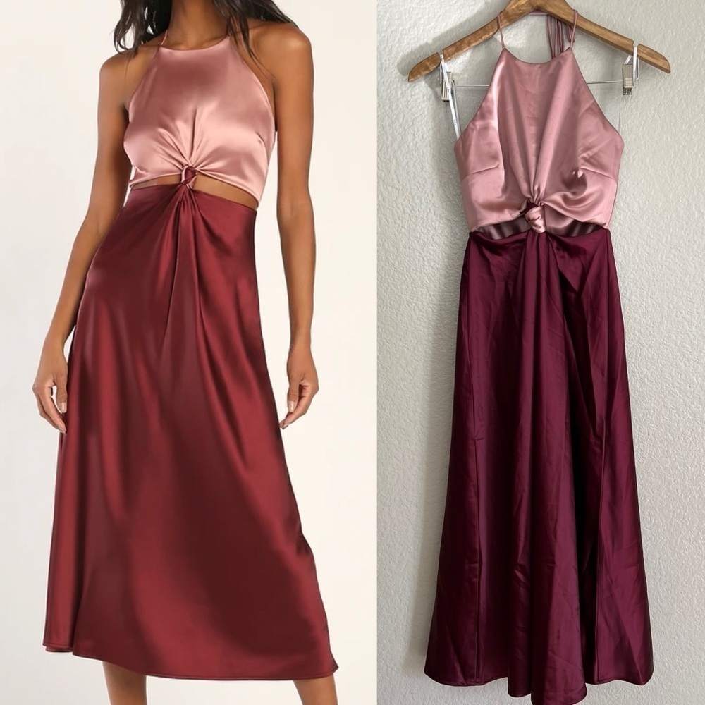 Icon Update Burgundy Color Block Knotted Halter Midi Dress